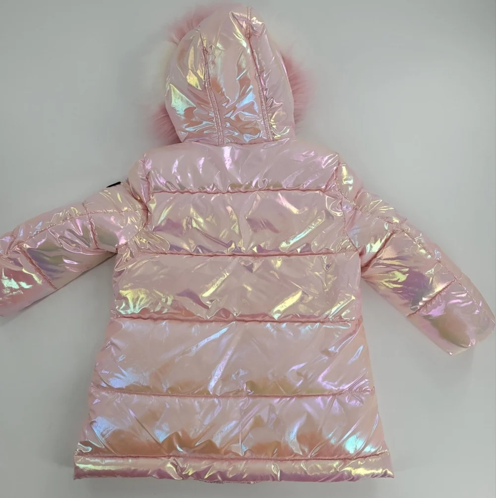 Sam Edelman Girls' Iridescent Winter Puffer Coat - Faux Fur Hood Size 2T‎